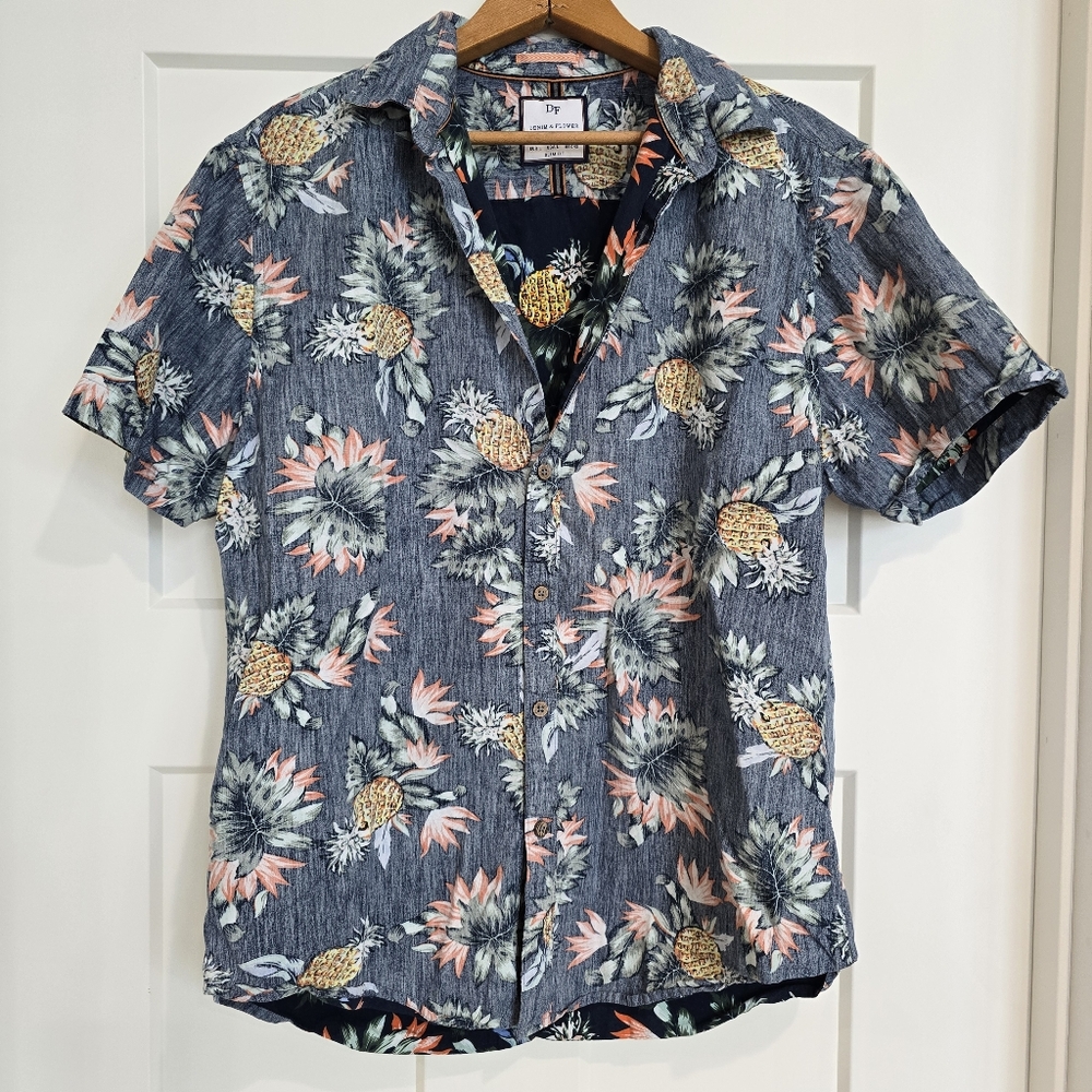 Denim Flower Ricky Singh Shirt Mens L Blue Pineapples Button-down Short-sleeve